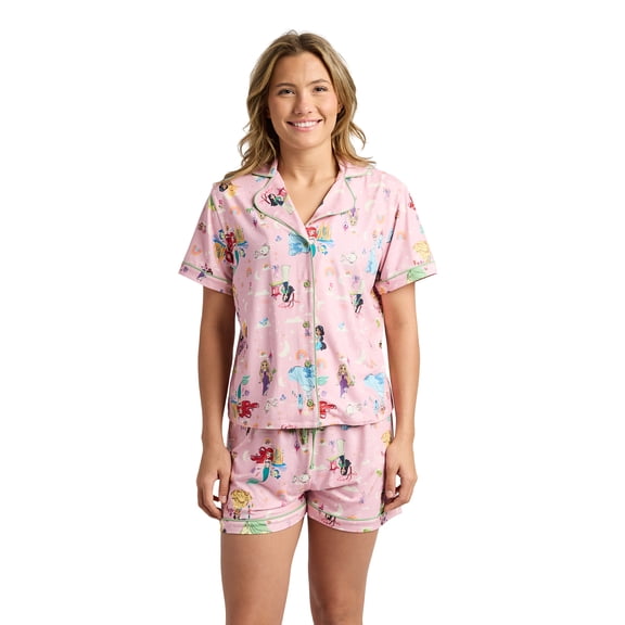 Disney Princesses Women's Notch Collar Button-Down Shirt and Shorts Sleepwear Set -Large
