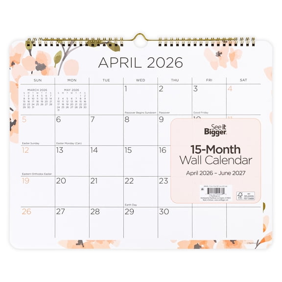 See It Bigger Wall Calendar, Med (12" x 15"), Pink Floral, 15-Month: Apr 2026 - Jun 2027