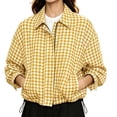 thumbnail image 5 of DISKEBUISS Women's Cropped Gingham Plaid Jacket Lapel Zip & Snap Long Sleeve Short Outerwear for Fall Winter, 5 of 8