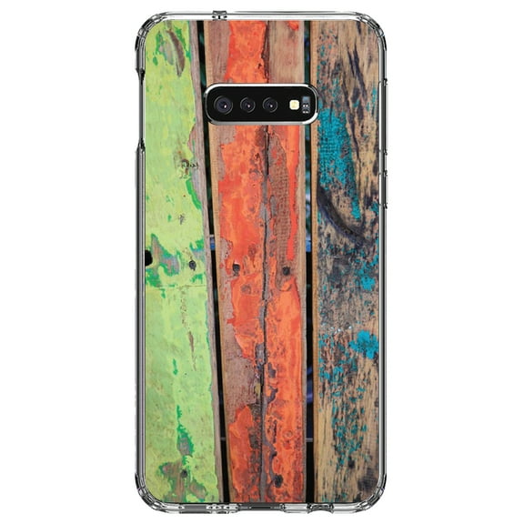 DistinctInk Clear Shockproof Hybrid Case for Samsung Galaxy S10e (5.8" Screen) - TPU Bumper, Acrylic Back, Tempered Glass Screen Protector - Rough Painted Wood Print - Printed Wood Grain Image