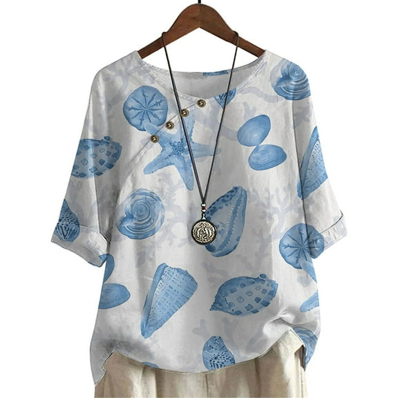 CLOOCL Women Blouse Casual T-Shirt Blue Seashell Printing Mid Sleeve Tops Plus Size