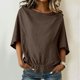 thumbnail image 2 of Camisas de Manga Larga para las Mujeres Suelto Ajuste Plisado Lino Cuello en V Cuarto Superior Manga de Moda de Color Sólido Blusa, 2 of 9
