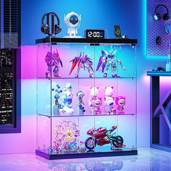 VKCC Display Cabinet with RGB,3-Tier Curio Cabinet with Glass Door,Display Case with Adjustable Shelf,Bookshelf for Living Room,Black
