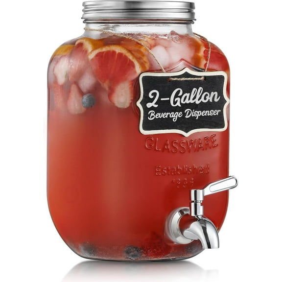 2 Gallon Glass Beverage Dispenser, 18/8 Stainless Steel Spigot and Lid - Glass Drink Dispensers for Parties - Mason Jar Drink Dispensers with Lids - Laundry Detergent Holder
