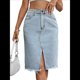 thumbnail image 2 of Falda Vaquera Midi Ajustada con Cintura Alta, Abertura Frontal y Dobladillo Sin Rematar para Mujer Azul M, 2 of 10
