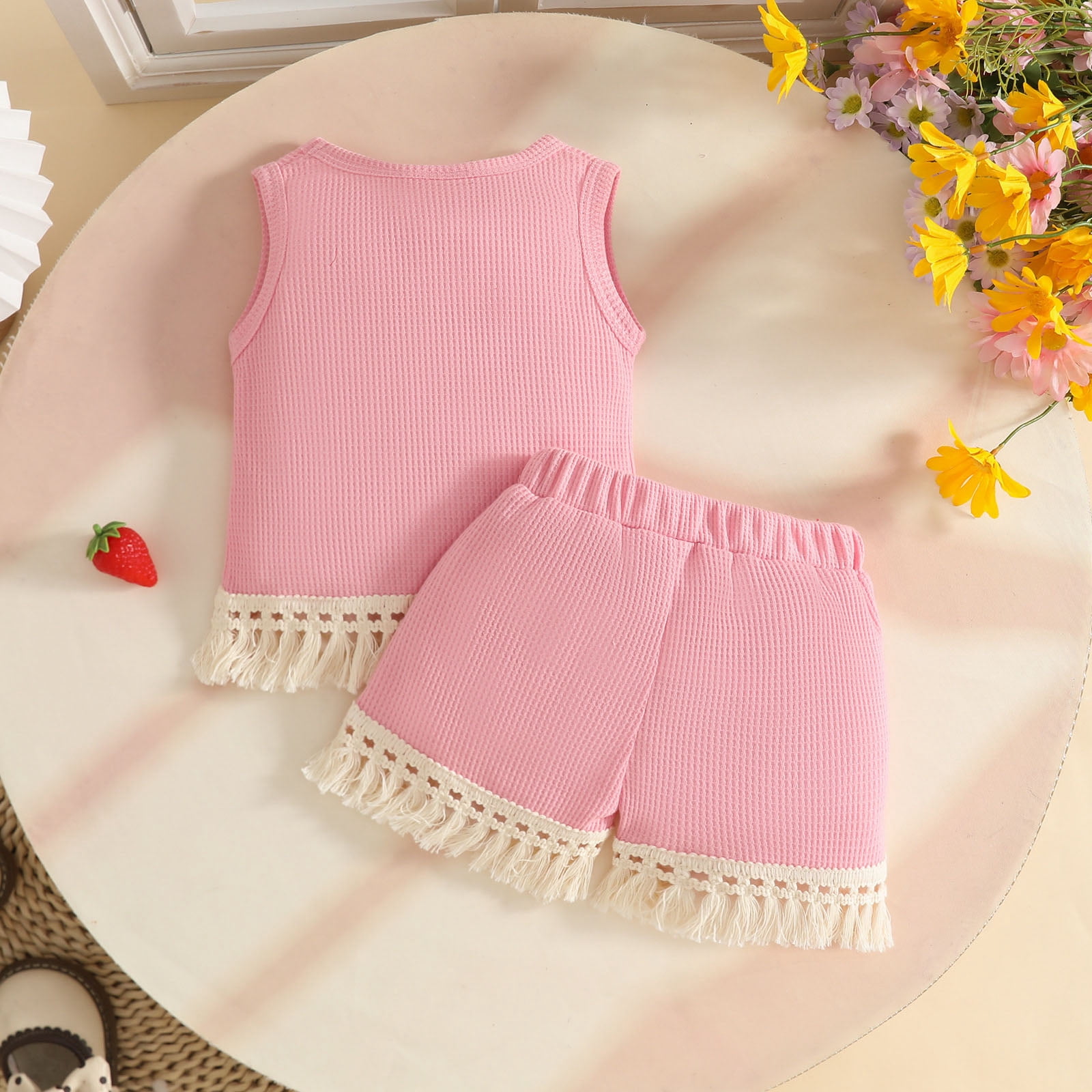 Faraee 0-3 Years Toddler Baby Girl Summer Clothes Ribbed Waffle 2 Piece Outfits Tassel Hem Tank Tops Drawstring Shorts Clothing Set Pink