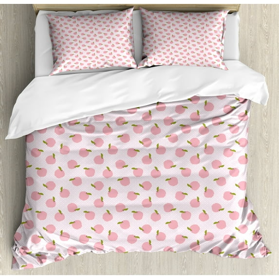 Pink Duvet Cover Set Queen Size, Abstract Pink Apples on Retro Style Polka Dots Healthy Fruit Pattern, Decorative 3 Piece Bedding Set with 2 Pillow Shams, Pale Pink White, by Ambesonne