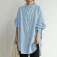 thumbnail image 2 of Women's Buttons Long Sleeve Oversized Round Neck Shirts Mid Length Cotton Linen Comfy Blouses Casual Tops Light Blue,XL, 2 of 6