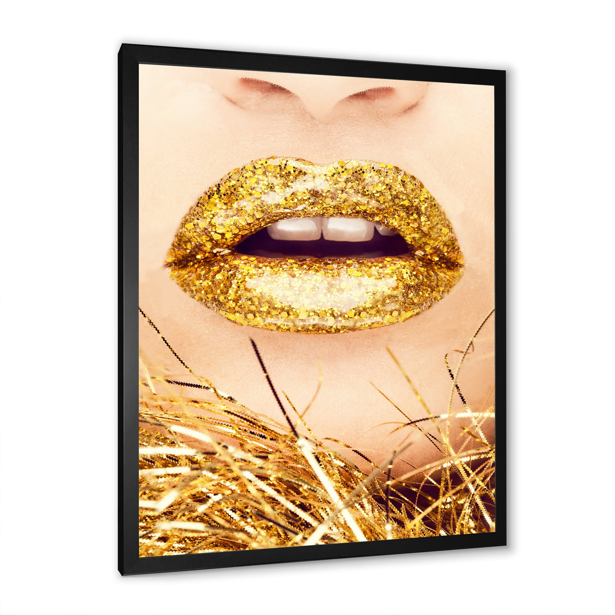 Designart 'Close-Up Of Golden Female Lips I' Modern Framed Art Print