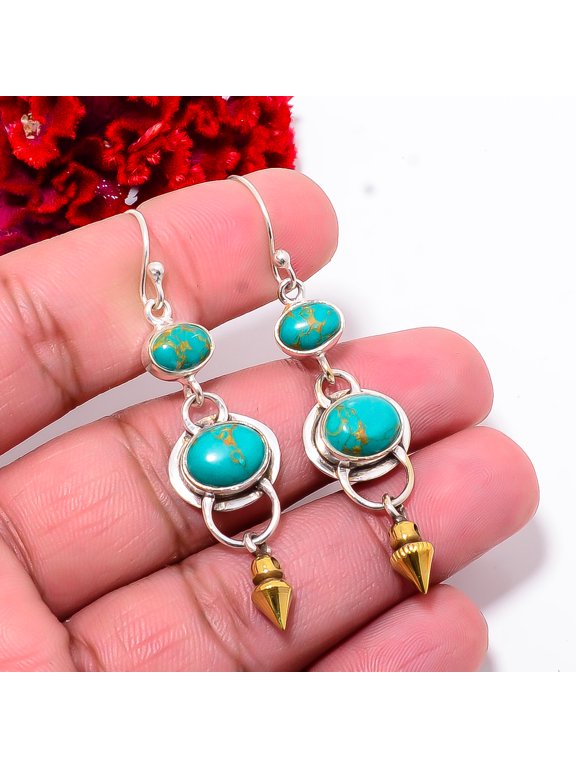 Copper Turquoise 925 Sterling Silver Two Tone Arrow Head Earring 2.34" E102842, Christmas Gift
