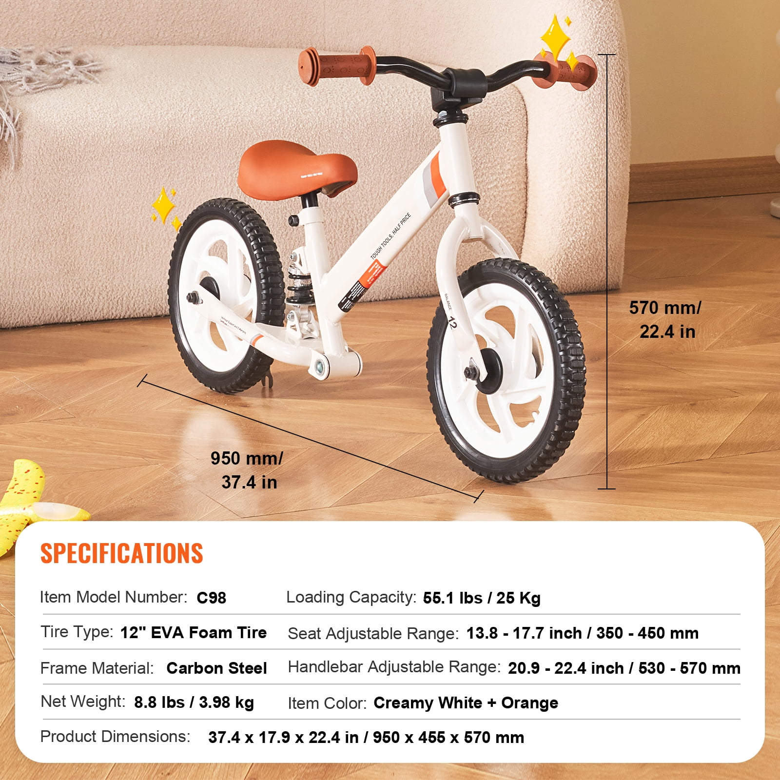 SKYSHALO Children's Balance Bike, 12" Durable Carbon Steel Frame, Adjustable Seat & Handle, EVA Foam Wheels, Pedal-less Training Bicycle for Kids Aged 1-5, Supports up to 55 lbs