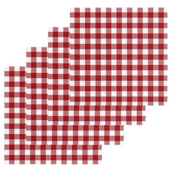 Farmhouse Buffalo Plaid Kitchen Dish Towels for Drying Dishes Set of 4, Red White Checkered Waffle Weave Microfiber Hand Tea Bathroom Towels Quick Dry & Absorbent Towel 12x12