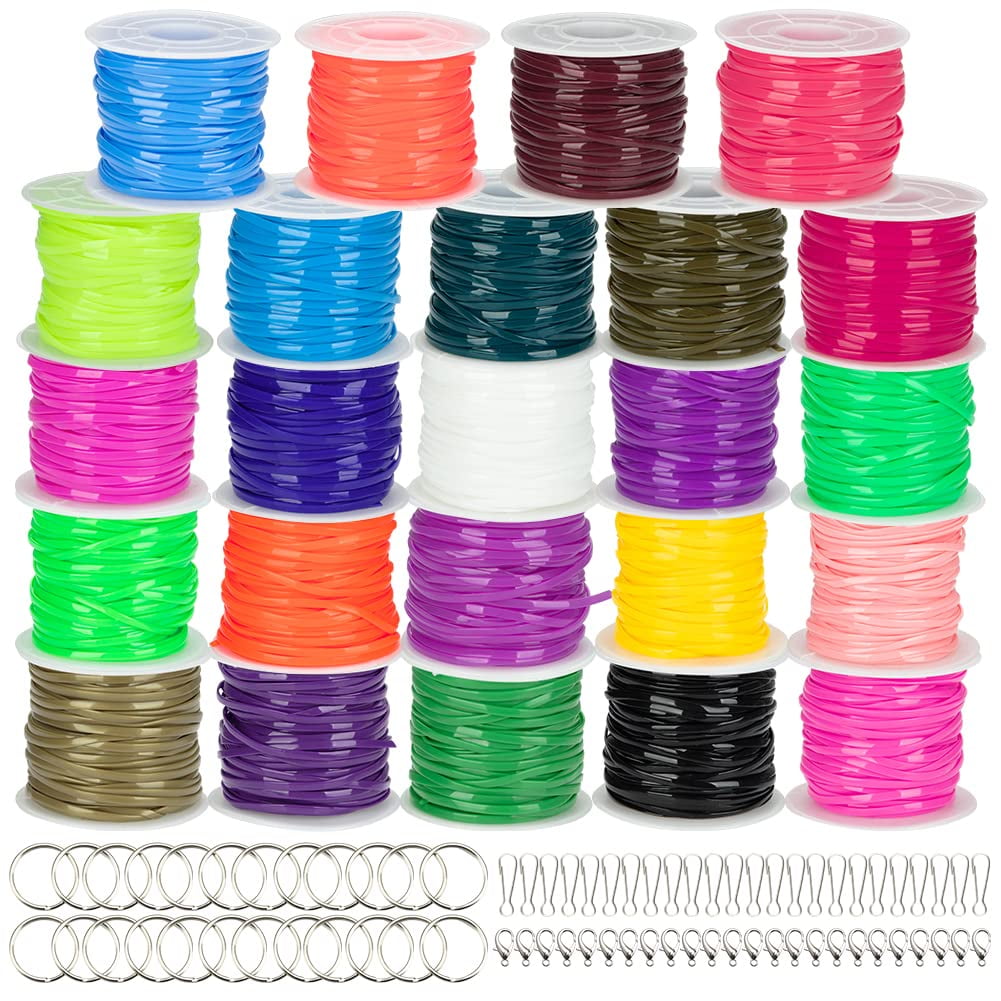 Plastic Lanyard String Kit,24 Rolls Gimp Bracelet Making Kit String Plastic  Lacing Cords with 24 Pcs Jewelry Lobster Clasp 24 Pcs Key Chain Ring