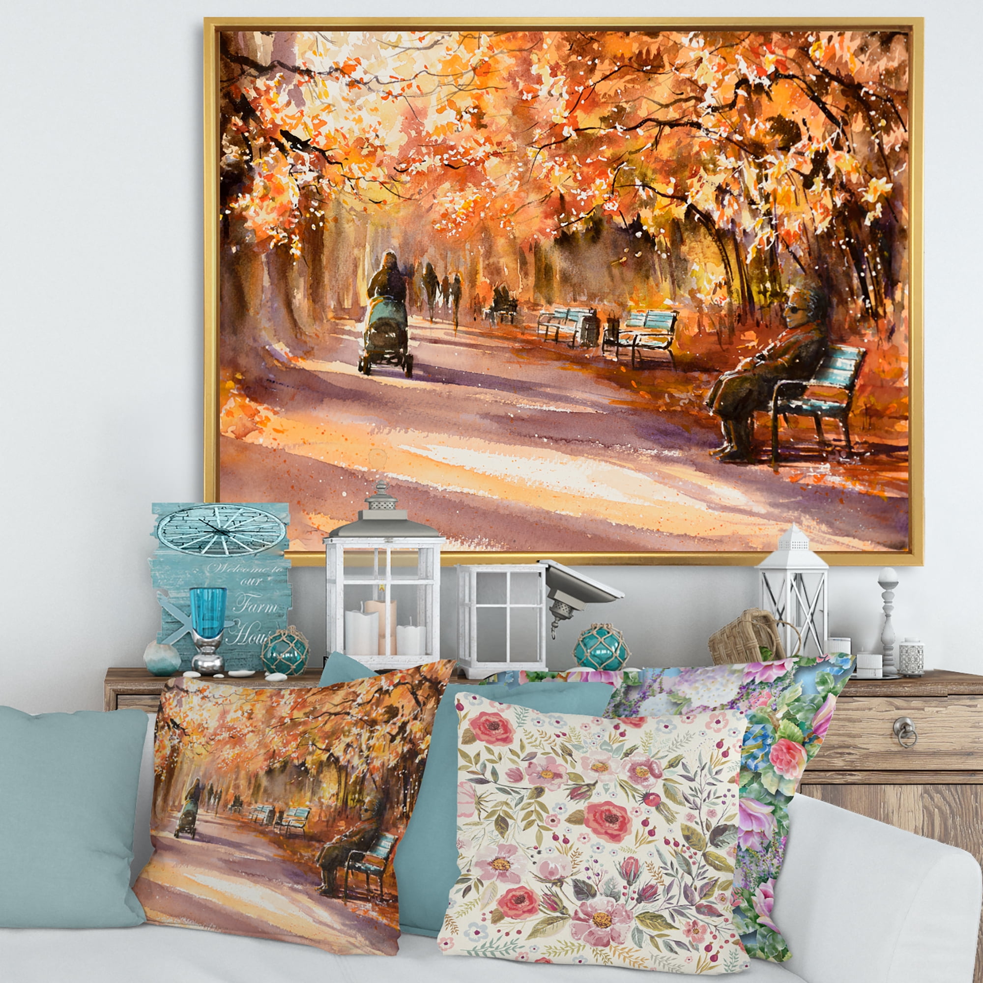 Designart 'Path In The Park In Sunny Autumn Day' Country Framed Canvas Wall Art Print