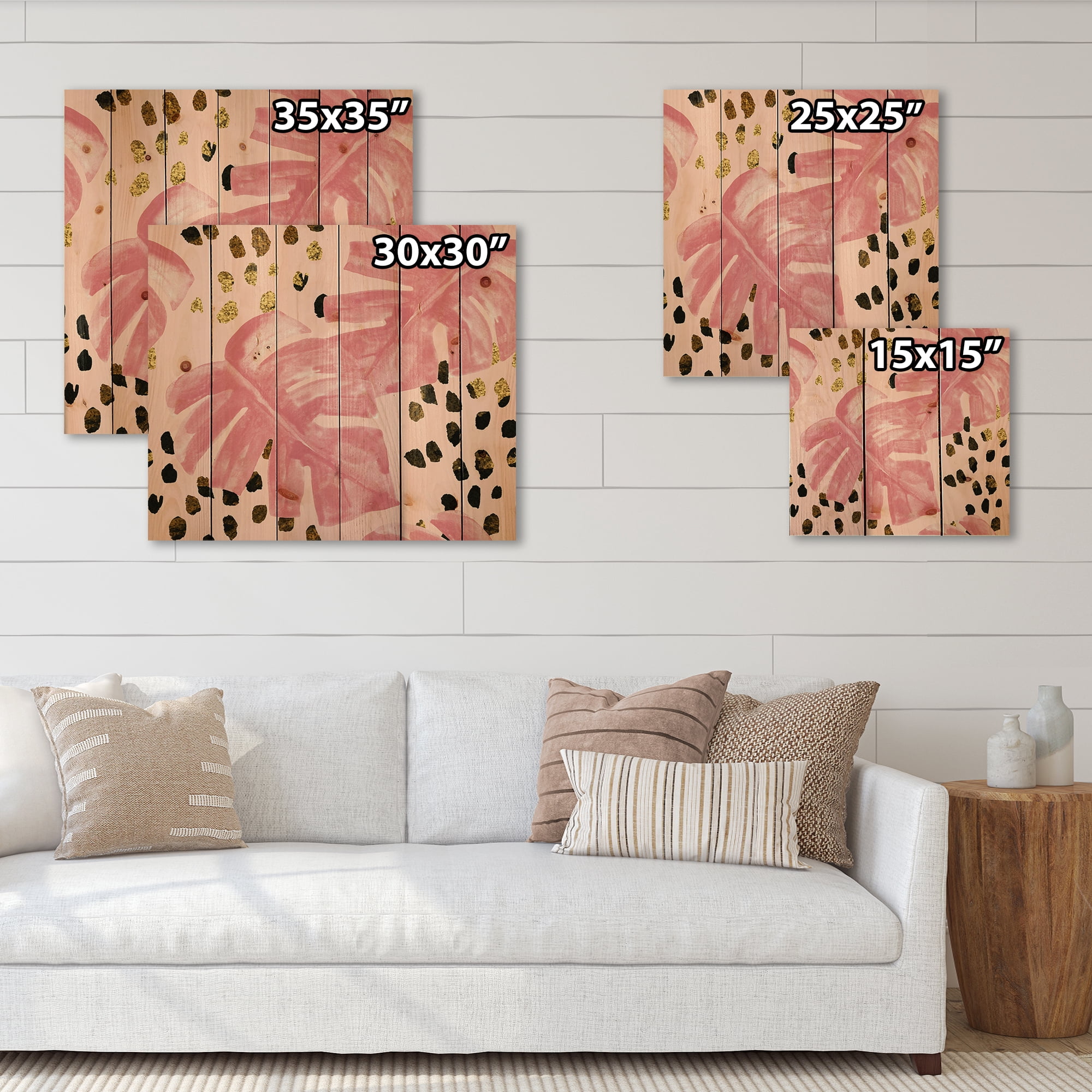 Designart 'Rough Brush Strokes Pink Colored Monstera I' Tropical Print on Natural Pine Wood