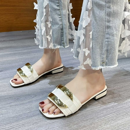 

SUODUI Women s Slippers Ladies Shoes Summer Slipper Fashion British Style Chunky Heel Slipper Beige 8