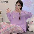 thumbnail image 1 of Pijamas de algodón con dibujos animados para mujer, ropa de dormir Coreana de manga larga, pantalones largos con cuello redondo, con estampado de conejo bonito, novedad, 1 of 3