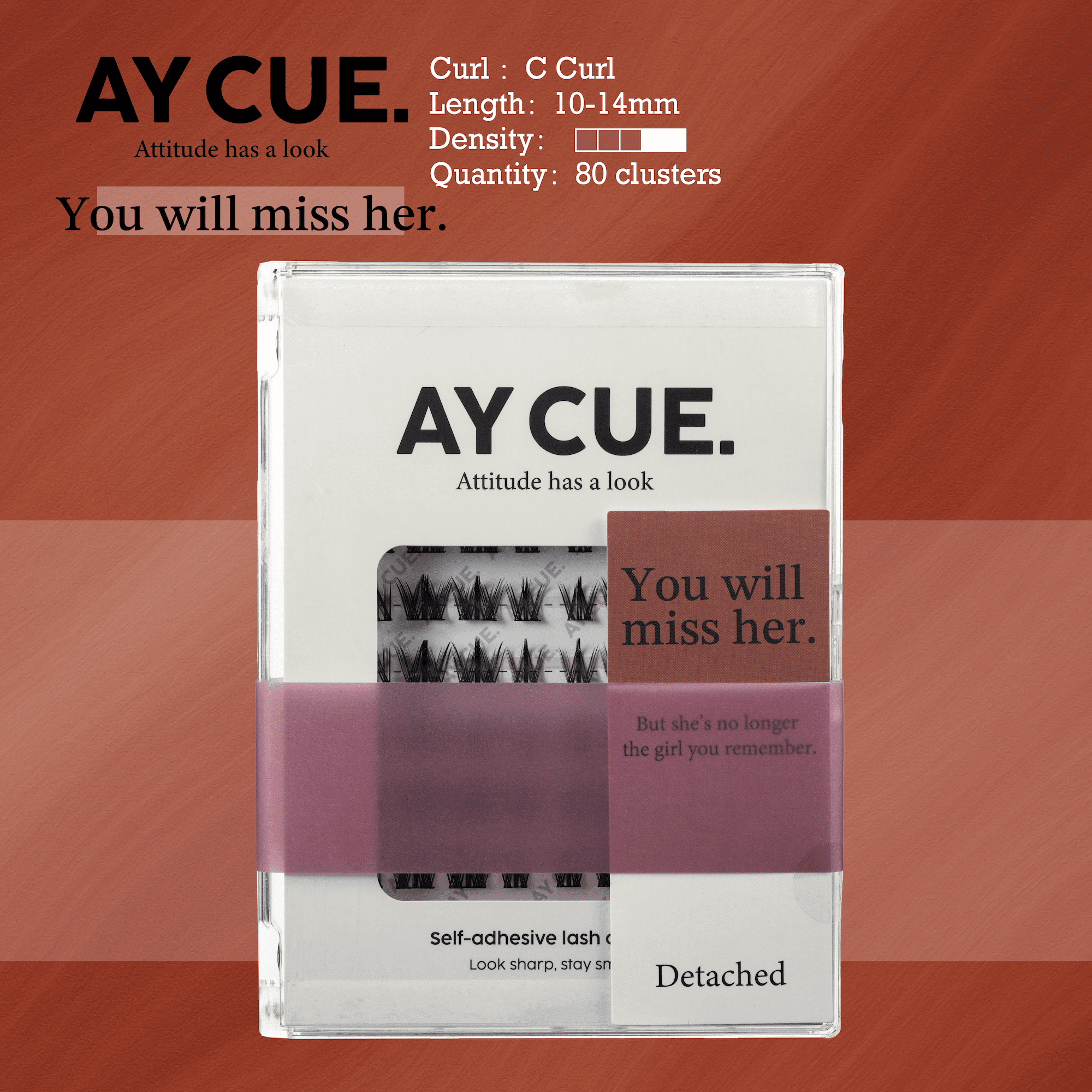 AYCUE #YOU WILL MISS HER# Self-adhesive Lash Clusters C Curl 10-14mm 80Clusters Glue-free Eyelashes Extensions for Natural Look Easy Application