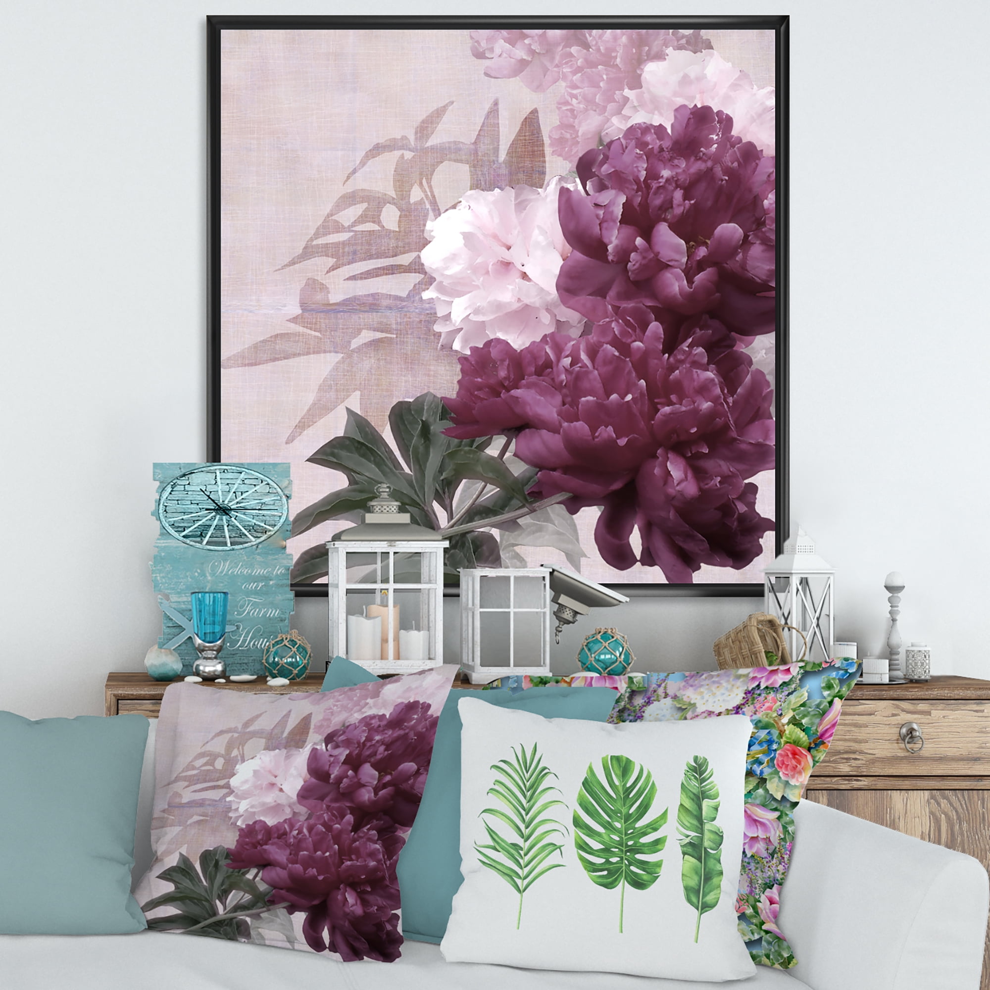 Designart 'Ancient Pink and Purple Flowers I' Traditional Framed Canvas Wall Art Print