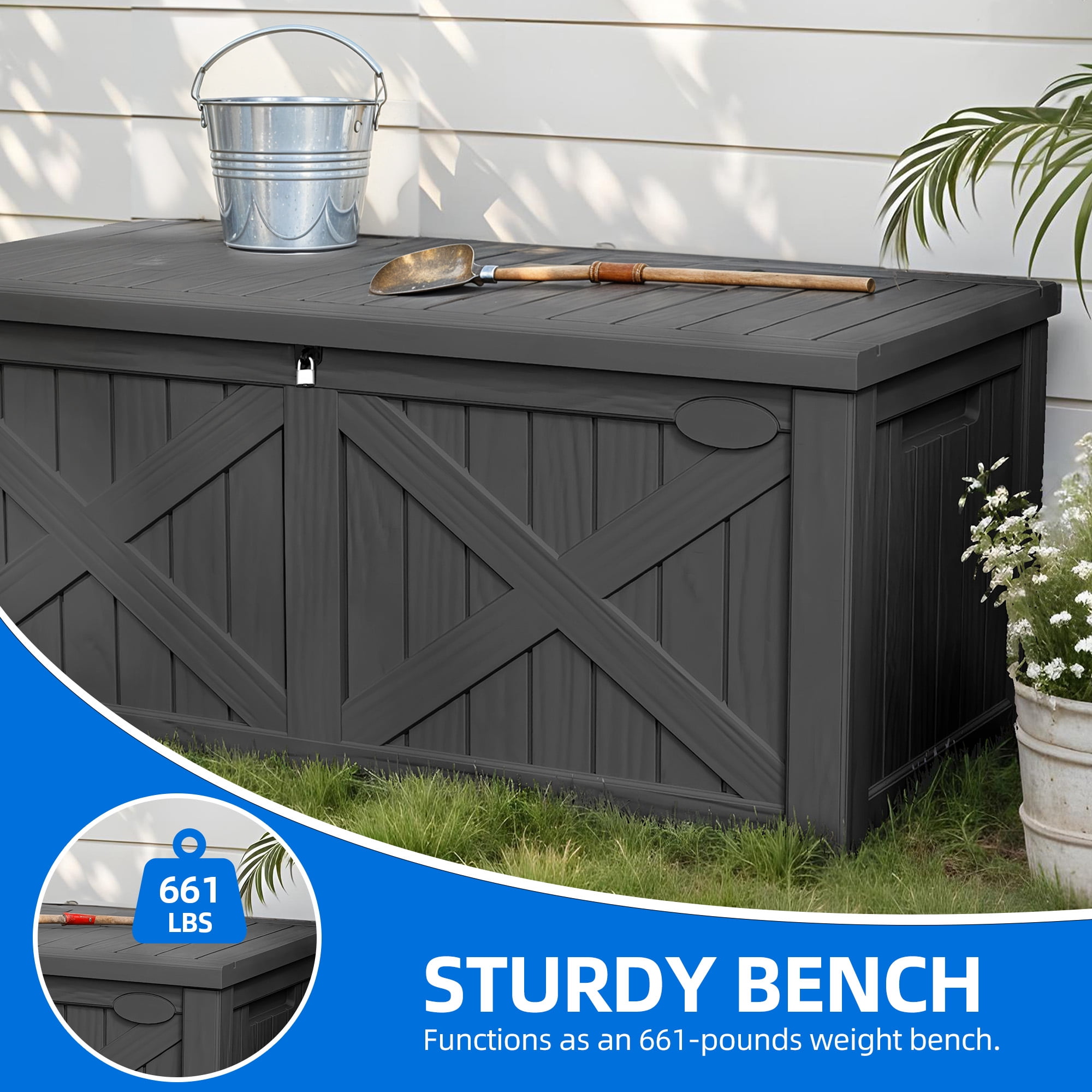 Uforic 120 Gallon Large Outdoor Deck Box, Outdoor Resin Storage Boxes  with X-Shaped Front ,Waterproof & Lockable,Dark Gray