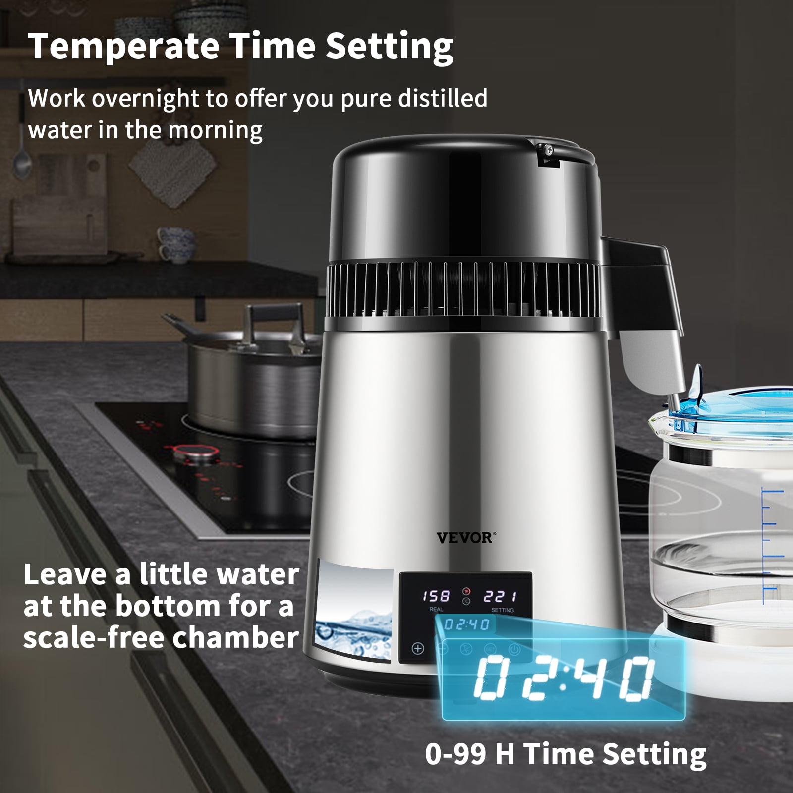 VEVOR 1.1Gal Water Distiller, 0.4Gal/H, 1750W Distilled Water Maker Machine 0-99H Timing Dual Temp Display, 304 Stainless Steel Countertop Distiller Glass 3 Carbon Packs, Silver
