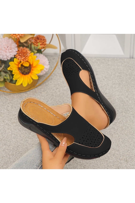 Women's Breathable Hollow Cutout Wedge Slide Mules, Backless Slip On Platform Orthopedic Walking Clogs, Non Slip Soft Leather Casual Shoes Black 9(42)