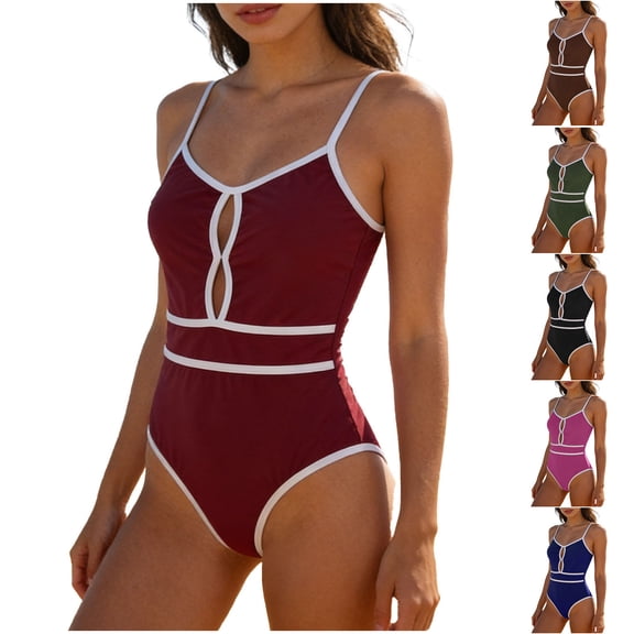 FRSASU Women's One Piece Swimsuits Tummy Control Bathing Suits Adjustable Back Strap V Neck Boho Full Coverage Swimwear Red