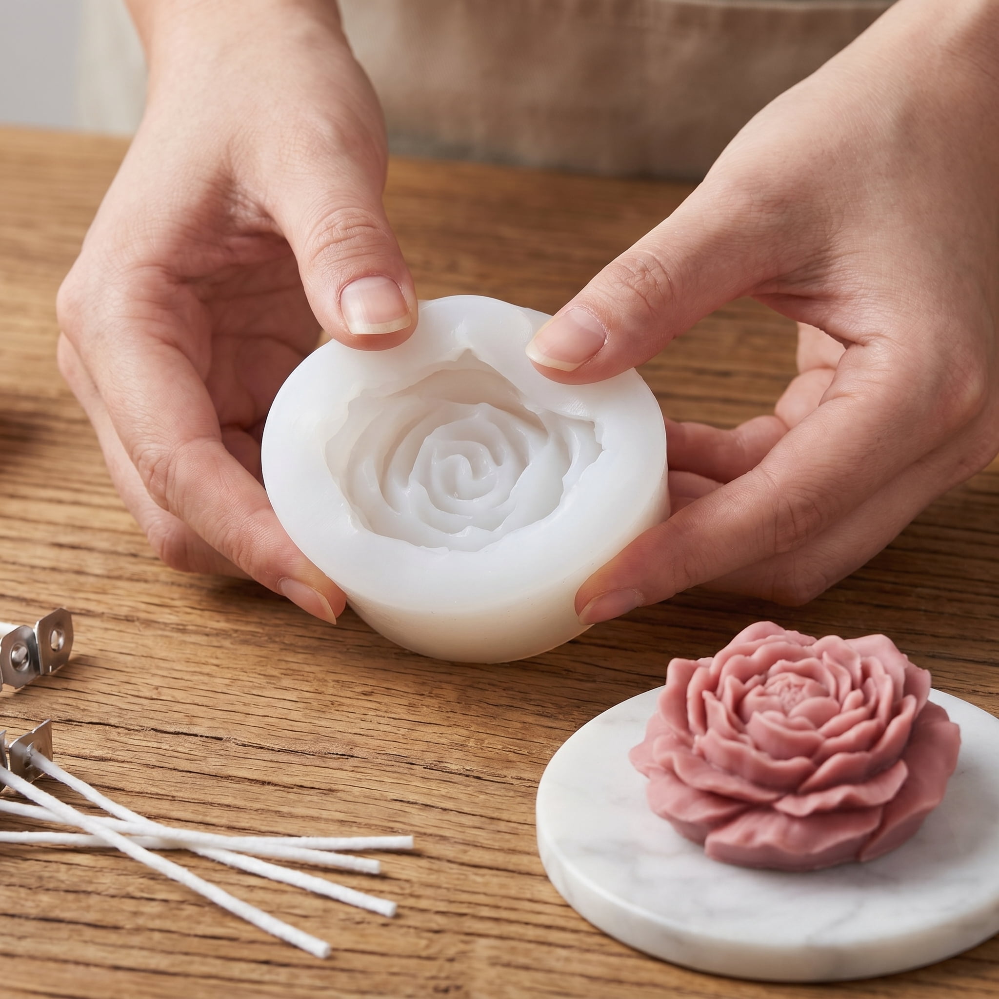 9 Pcs Flower Silicone Molds Kit with 100 Candle Wicks, Food Grade 3D Floral Molds for Candle Making, Soap, Chocolate, Wax Melts, Resin DIY Crafts