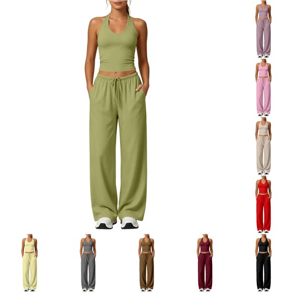 uvwlwu Women 2 Piece Workout Outfit Racerback Tank Top Waist Wide Leg Pants with Pockets Casual Set for Running Yoga Fitness Activities,M