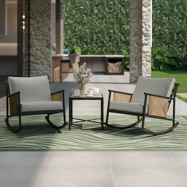 HOMETRENDS 3-Piece Steel Outdoor Rocking Chair Chat Set with Table & Cushions, Tan