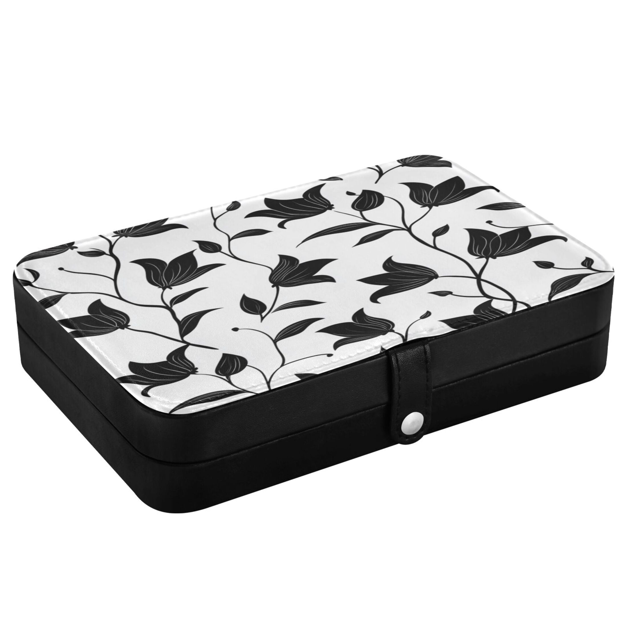 Leather Jewelry Box Rectangular 8.27x5.5x1.78In Travel Jewelry Storage Earrings Necklace Bracelet Watch Brooch Storage Black Cartoon Flower