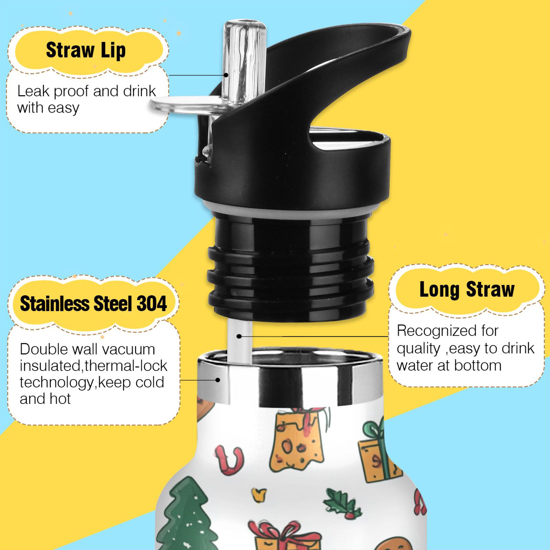 600ML Stainless Steel Insulated Cup Sports Water Bottle Portable Thermos Cup Water Glasses Insulated Tumblers Convenient and Durable Warm Christmas Pattern