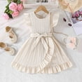 thumbnail image 2 of FAOWME Girls Summer Striped Flutter Sleeve Dress With Ruffled Hem & Adjustable Waist Belt Casual Round Neck Beachwear Beige 3-4 Years, 2 of 7