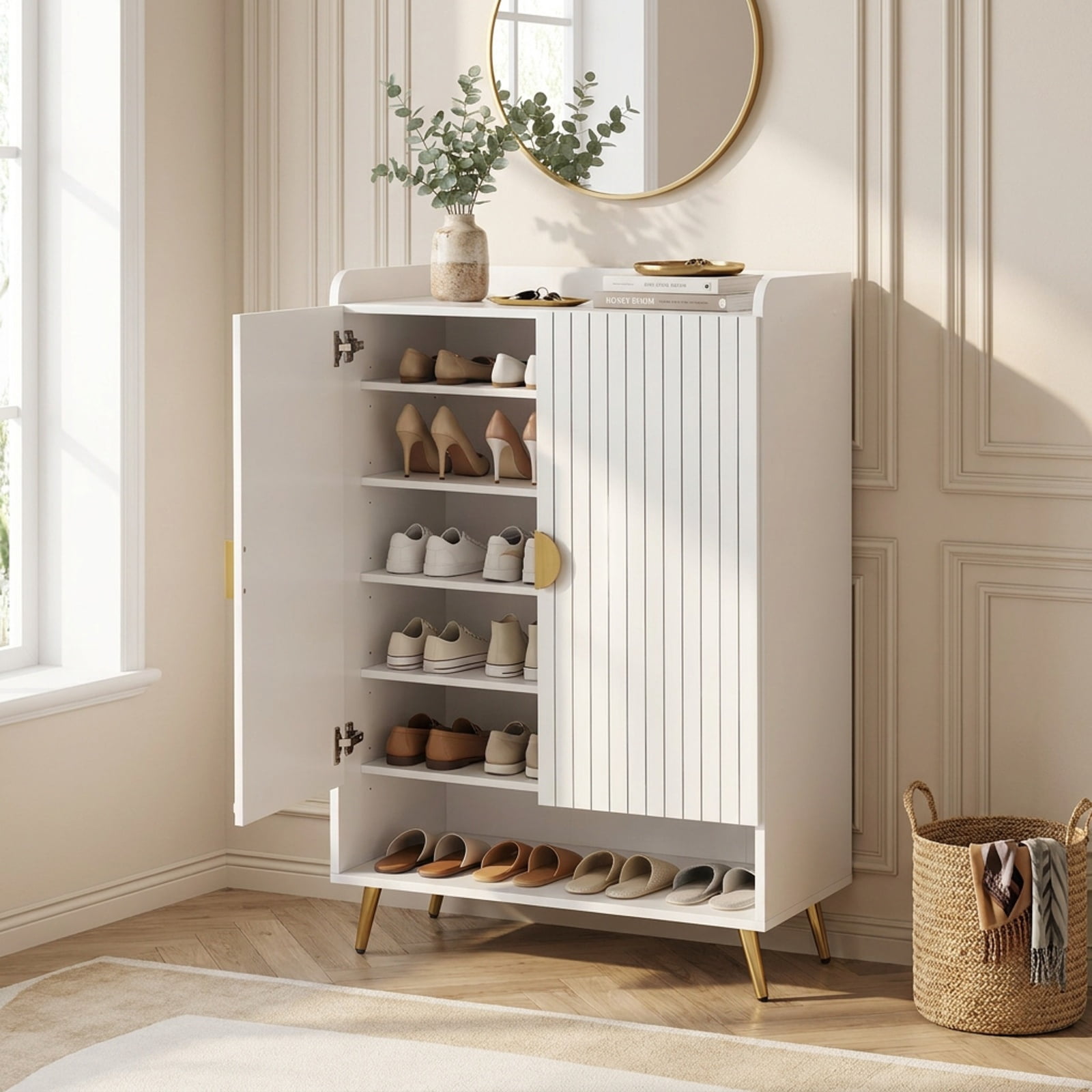 Furnibear 44 Inch Tall Shoe Storage Cabinet with 7 Tier Doors and Adjustable Shelves for Entryway Hallway Living Room, White