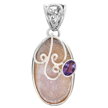- Agate Druzy Amethyst 925 Sterling Silver Pendant, 1 1/9