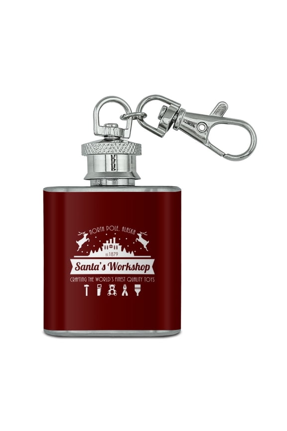 Santa's Workshop Logo Christmas Toys North Pole Alaska Stainless Steel 1oz Mini Flask Key Chain