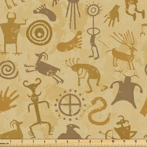Ambesonne Kokopelli Fabric by the Yard Upholstery, Cave Animal and Hunters, 2 Yards, Pale Coffee Caramel