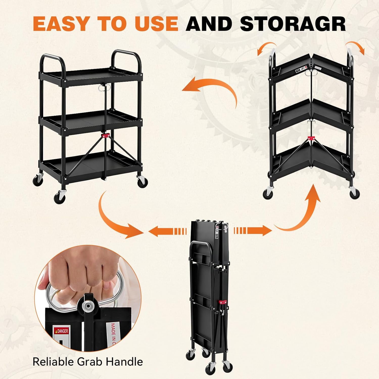 Gianna 3-Tier Foldable Utility Collapsible Service Cart, 120LBS Capacity, Black
