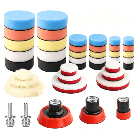 EXLEAF Car Foam Drill Polishing Pad Kit,1" 2" 3" Detail Polishing Buffing Pad Mix Size Car Detailing Kit with 5/8-11 Thread Backing pad & Adapters for Buffer Polisher Polishing, Buffing