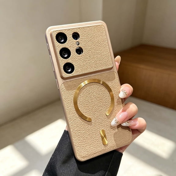 For Samsung Galaxy S26 Phone Case,Compatible with Mag-Safe,Anti-Scratch Luxury PU Leather Back Design,Non-Slip Hybrid Shockproof Drop Protection,Ultra Slim Classic Rugged Phone Case,Khaki