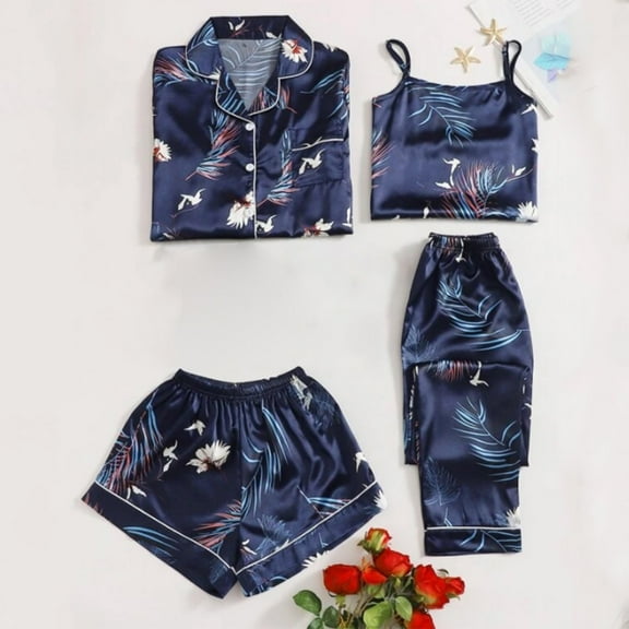 Blue Women Pajama Sets Women's Home Suit Flamingo Print Fashion Slim Pajamas Four Piece Set for All Seasons