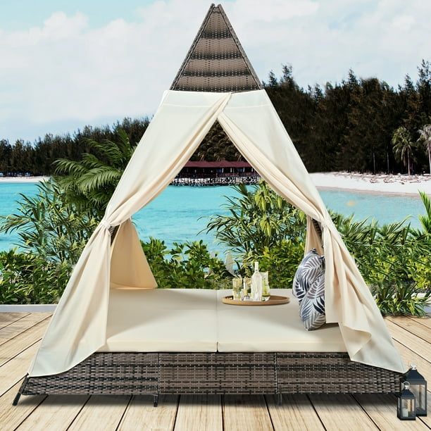 Syngar Outdoor Patio Sunbed with Removable Curtain, All Weather PE
