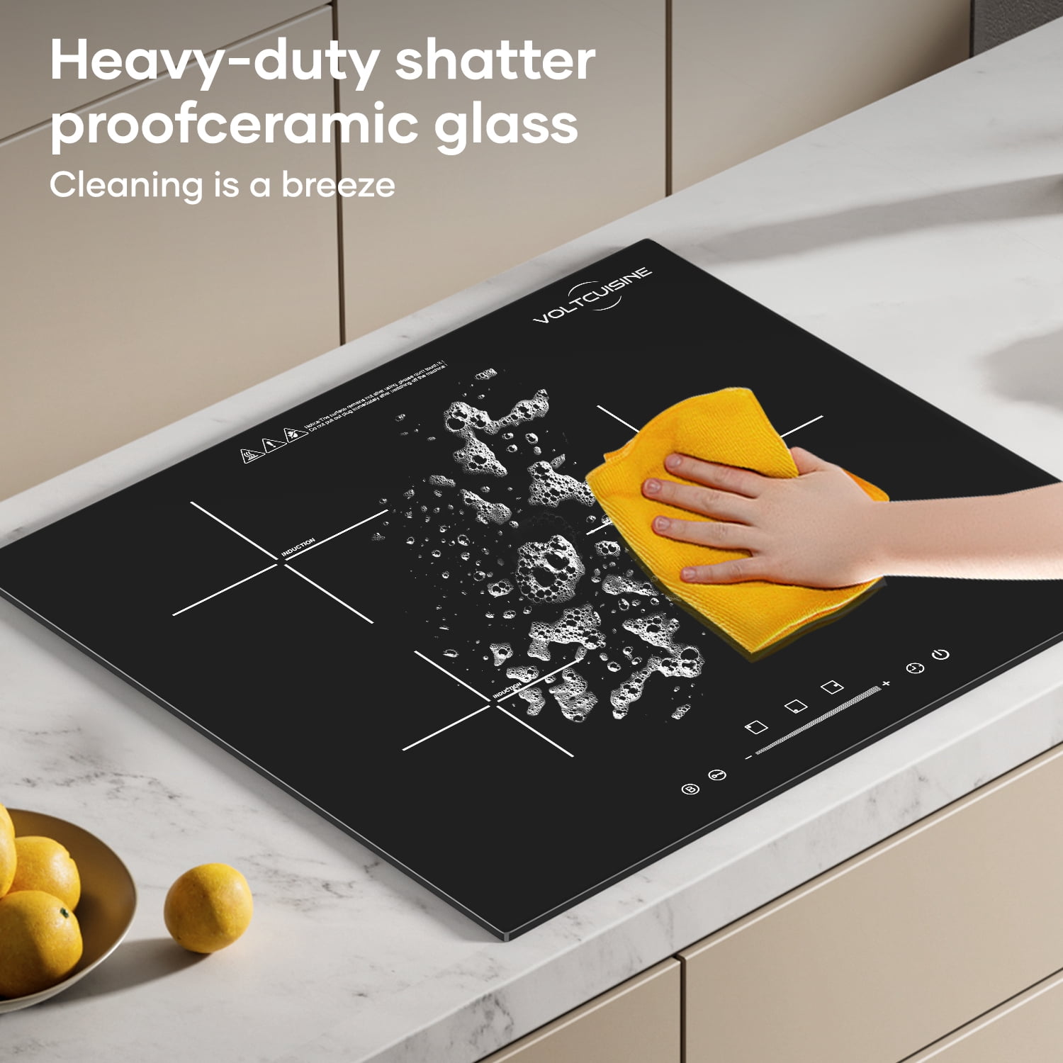 VoltCuisine Induction Cooktop 3 Burner, Shatter-proof Flat Glass Top, 9 Heat Settings, LED Touch Display with Child Safety Lock & Overheat Protection