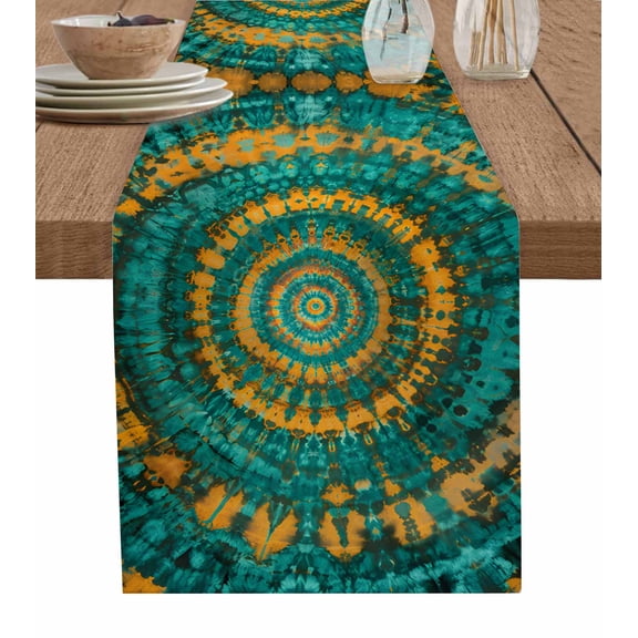 Hokiten Table Runners 72 Inches Long Dress Scarves, Teal Orange Farmhouse Kitchen/Dining Table Runner, Coffee Tablerunners, Ethnic Modern Abstract Geometric 13x72 Inch