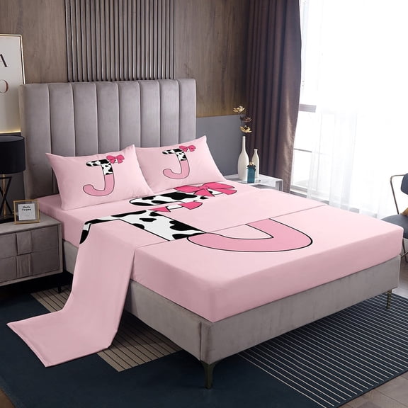Erosebridal Letter Initial J Sheet Set Twin,Kawaii Bow Bedding Sets Twin Size,Ultra Soft Bed Sheets Twin,Cow Print Decor,3pcs