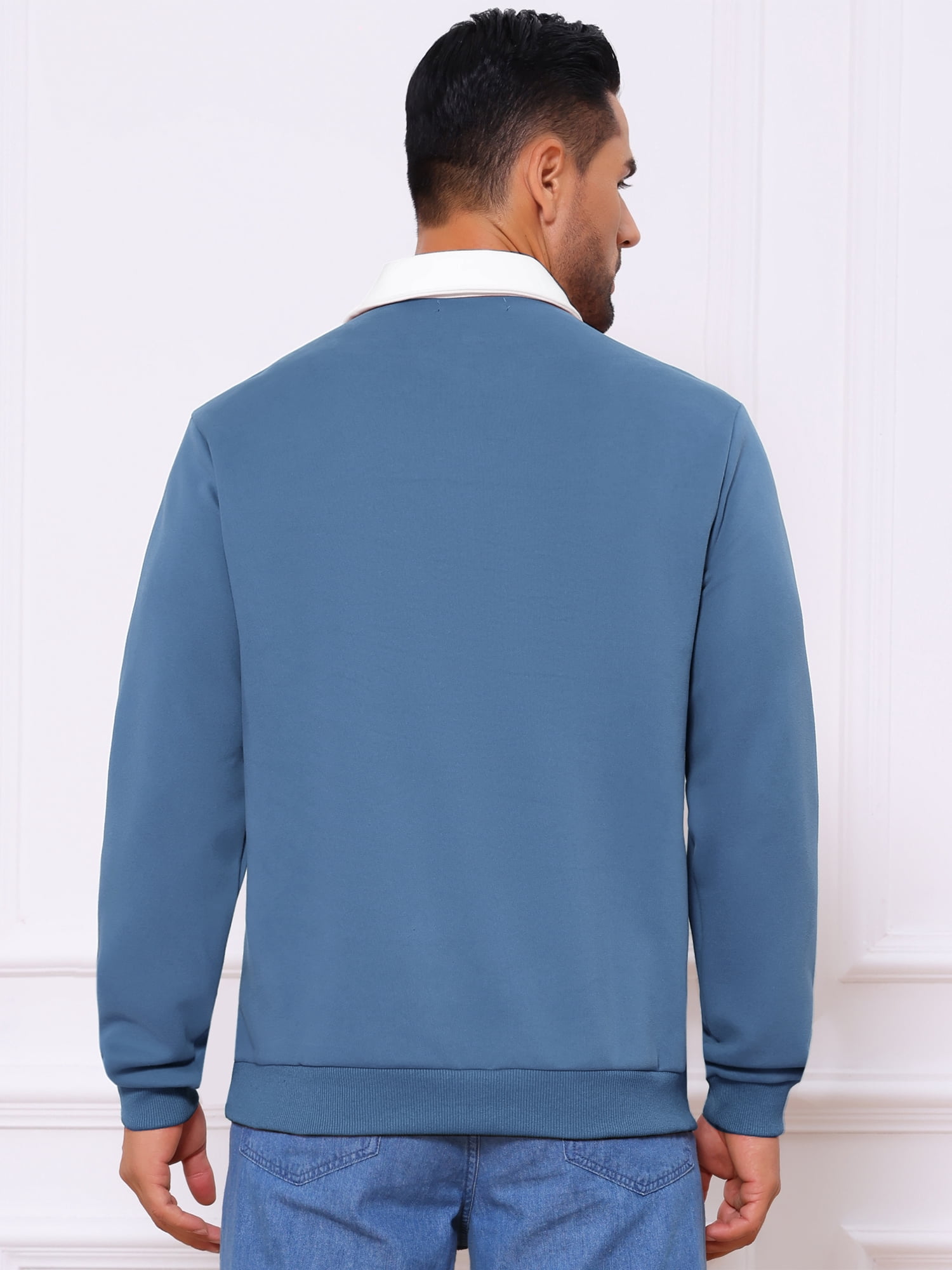 DARING DIVA Men's Contrast Collared Long Sleeves Pullover Polo Sweatshirt XL Blue