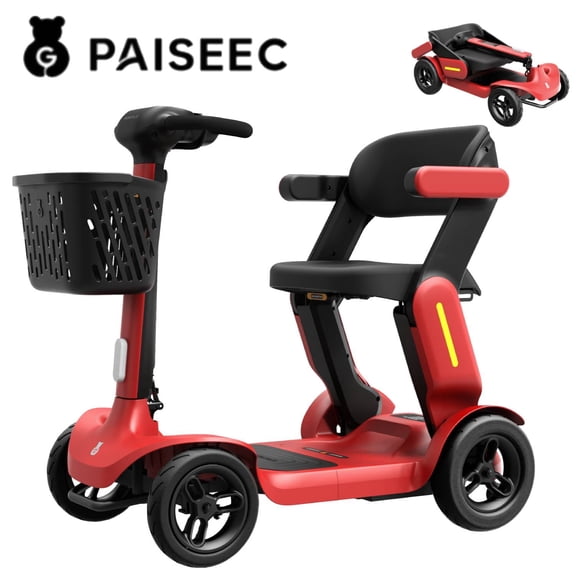 PAISEEC 4-Wheel Lightweight Folding Mobility Scooter, Red, 300 lb Limit