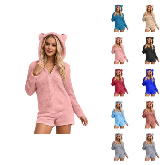 Solid Color Hooded Jumpsuit Casual Long Sleeve Romper Shorts With Pockets For Sleepwear Comfortable Outfit