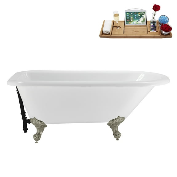 62" Streamline N4840BNK-BL Soaking Clawfoot Tub and Tray With External Drain in Matte Black and Brushed Nickel Clawfeet