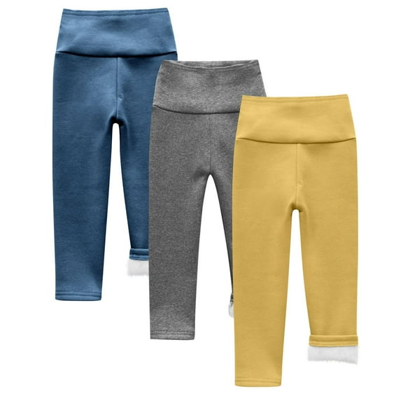 Hduncf Boy Girl's 3-Pack High Waisted Pants Fleece Lined Thick Warm Pants Solid Elastic Waist Bottoms for Toddlers Baby Blue 2 Years